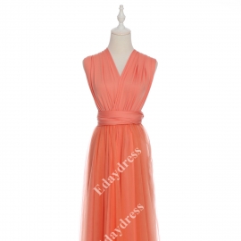 Long one size fits most of body shapes flattering multi ways wrap convertible infinity solid blush pink with tulle skirt overlay bridesmaid dress