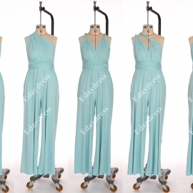 Long one size fits most of body shapes multi ways wrap convertible infinity solid blue tint jumpsuit