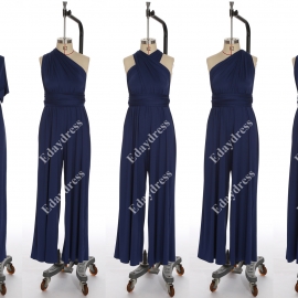 Long one size fits most of body shapes multi ways wrap convertible infinity solid mid night blue jumpsuit