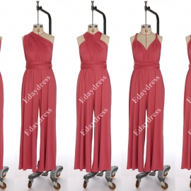 Long one size fits most of body shapes multi ways wrap convertible infinity solid rouge pink jumpsuit
