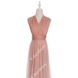 Long one size fits most of body shapes flattering multi ways wrap convertible infinity solid light rose pink with tulle skirt overlay bridesmaid dress