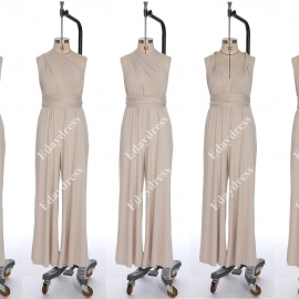 Long one size fits most of body shapes multi ways wrap convertible infinity solid beige jumpsuit