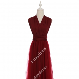 Long one size fits most of body shapes flattering multi ways wrap convertible infinity solid burgundy red with tulle skirt overlay bridesmaid dress