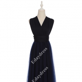 Long one size fits most of body shapes flattering multi ways wrap convertible infinity solid navy blue with tulle skirt overlay bridesmaid dress