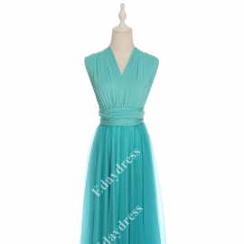Long one size fits most of body shapes flattering multi ways wrap convertible infinity solid mint blue with tulle skirt overlay bridesmaid dress