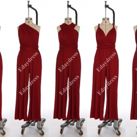 Long one size fits most of body shapes multi ways wrap convertible infinity solid brick red jumpsuit
