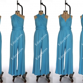 Long one size fits most of body shapes multi ways wrap convertible infinity solid turquoise jumpsuit