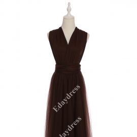 Long one size fits most of body shapes flattering multi ways wrap convertible infinity solid chocolate brown with tulle skirt overlay bridesmaid dress
