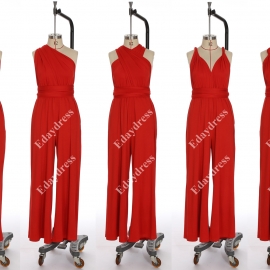 Long one size fits most of body shapes multi ways wrap convertible infinity solid tomato red jumpsuit