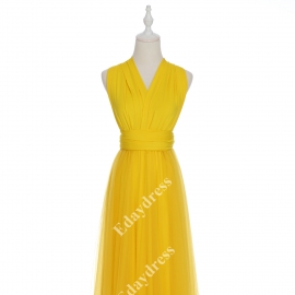 Long one size fits most of body shapes flattering multi ways wrap convertible infinity solid bright yellow with tulle skirt overlay bridesmaid dress