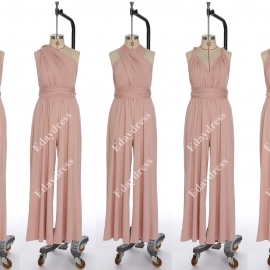 Long one size fits most of body shapes multi ways wrap convertible infinity solid nude pink jumpsuit