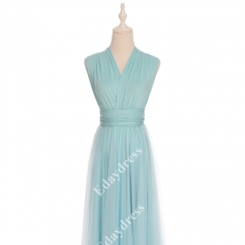 Long one size fits most of body shapes flattering multi ways wrap convertible infinity solid blue tint with tulle skirt overlay bridesmaid dress