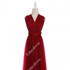 Long one size fits most of body shapes flattering multi ways wrap convertible infinity solid brick red with tulle skirt overlay bridesmaid dress