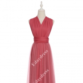 Long one size fits most of body shapes flattering multi ways wrap convertible infinity solid rouge pink with tulle skirt overlay bridesmaid dress
