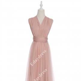 Long one size fits most of body shapes flattering multi ways wrap convertible infinity solid nude pink with tulle skirt overlay bridesmaid dress