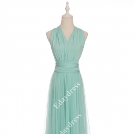 Long one size fits most of body shapes flattering multi ways wrap convertible infinity solid ice green with tulle skirt overlay bridesmaid dress