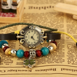 Sweet and lovely wind clover clover beaded leather bracelet