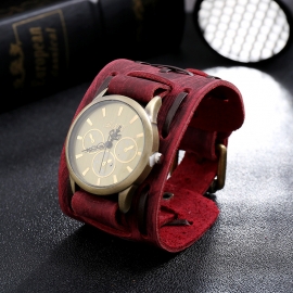 Retro distressed woven cowhide bracelet watch wide leather punk mens watch bracelet