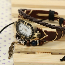 Woven retro leather bracelet watch men and women leather watch cowhide bracelet watch leaf section