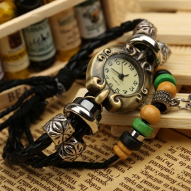 Beaded leather bracelet watch vintage pu bracelet watch