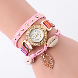 New design leaf decoration female adjustable length of strap quartz watches with rhinestones