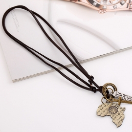 Africa map cowhide necklace alloy long leather necklace
