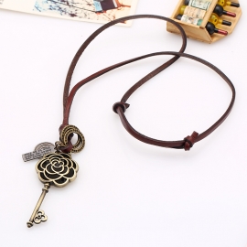 Retro leather rope necklace female korean long wild sweater chain alloy hollow flower long key cowhide necklace