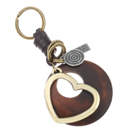 Retro style leather keychain round wood accessories car bag pendant cowhide keychain