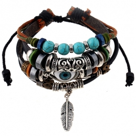 Beaded multilayer blue eyes cowhide bracelet ethnic style feather pendant student bracelet