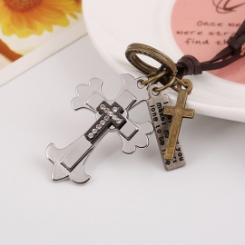 Cowhide necklace alloy cross long leather necklace
