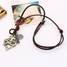 Long necklace sweater chain literary retro fan cowhide rope leather adjustable alloy peach heart pendant