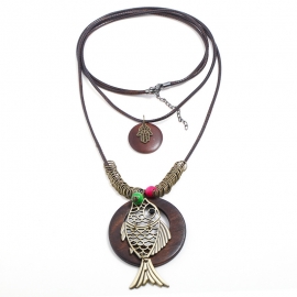 Wild cotton and linen clothes decoration accessories wood bead alloy fish long section wax line necklace sweater chain