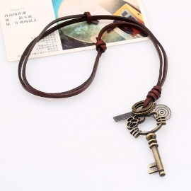 Retro personality key leather rope necklace men and women long cowhide rope necklace sweater chain pendant pendant
