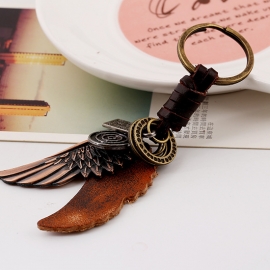 Atmospheric alloy wings leather keychain retro woven mens cowhide keychain