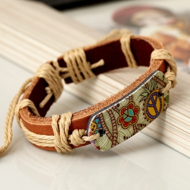 Woven cowhide bracelet retro heat transfer peace sign leather bracelet