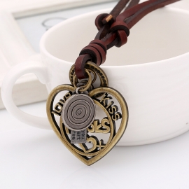 Retro long cut hollow heart leather necklace lady necklace sweater chain leather necklace