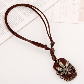 Retro style mens leather necklace alloy maple leaf cowhide necklace