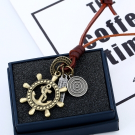 Retro literary cowhide rope mixed alloy sweater chain long