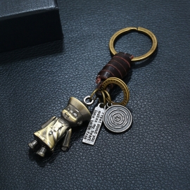 Hand-woven leather keychain alloy small zombie retro cowhide keychain creative small gift charm