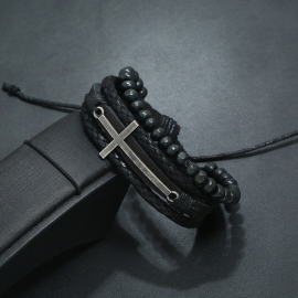 The new retro alloy cross cowhide bracelet multi-layer woven wood beads leather bracelet