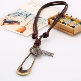 Popular jewelry pin pendant retro leather rope necklace female korean long section wild sweater chain tide