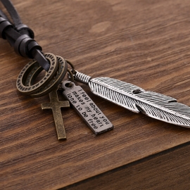 European and american popular alloy feather cowhide necklace two color optional retro leather necklace