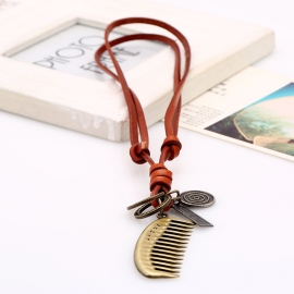 Vintage alloy comb cowhide rope pendant cowhide necklace sweater chain long necklace fashion wild jewelry
