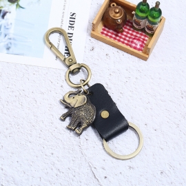 Elephant key chain men and women car real leather creative pendant