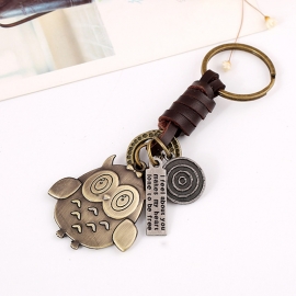 Vintage woven leather keychain bronze owl pendant wild bag pendant