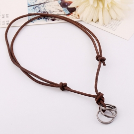 Mens alloy three circle necklace vintage coarse ore leather necklace