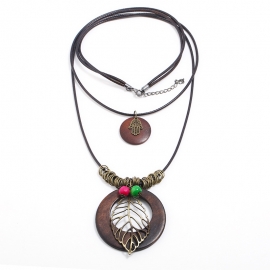 Retro multi-layer tempered alloy hollow leaf pendant long lady necklace