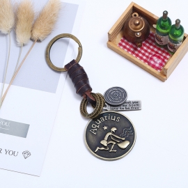 Retro woven 12 constellation leather keychain creative small gift