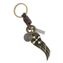 Hand-woven car pendant retro leather keychain wings cowhide key chain metal key ring