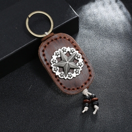 Handmade retro five-pointed star cowhide car keychain creative small gift men and women bag ornaments